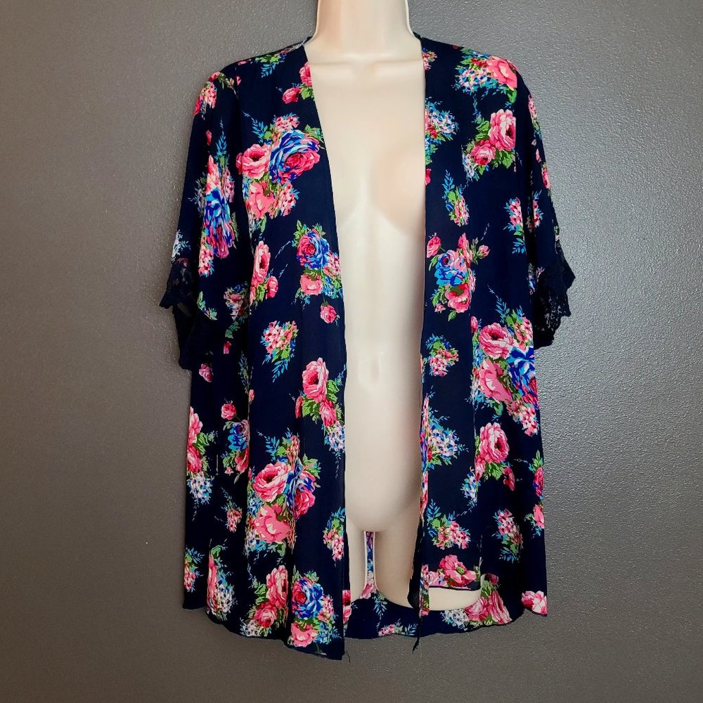 Navy Lace Sleeve Pink Floral Print Kimono Top